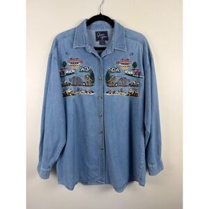 Quizz Again Shirt Button Women XL Blue Chambray Long Sleeve Embroidered Cotton